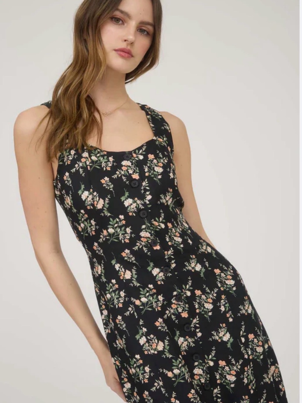 0035 Workshop Republic Clothing Black Floral Maxi Dress with Peach & Green Print